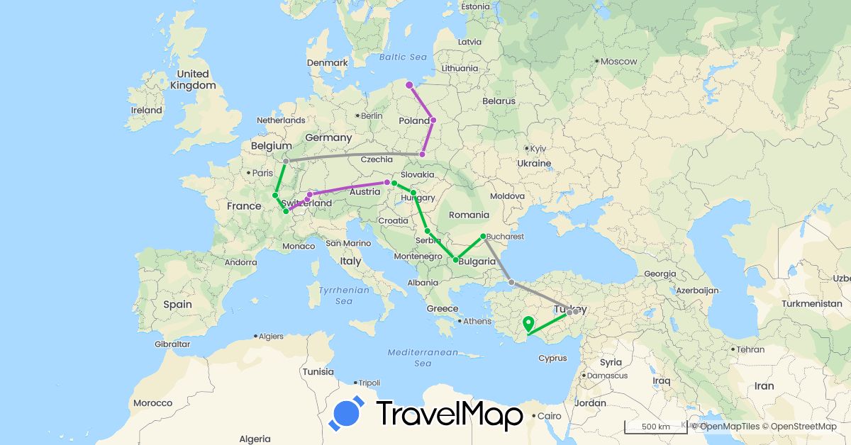 TravelMap itinerary: driving, bus, plane, train in Austria, Bulgaria, Switzerland, France, Hungary, Luxembourg, Poland, Romania, Serbia, Slovakia, Turkey (Asia, Europe)