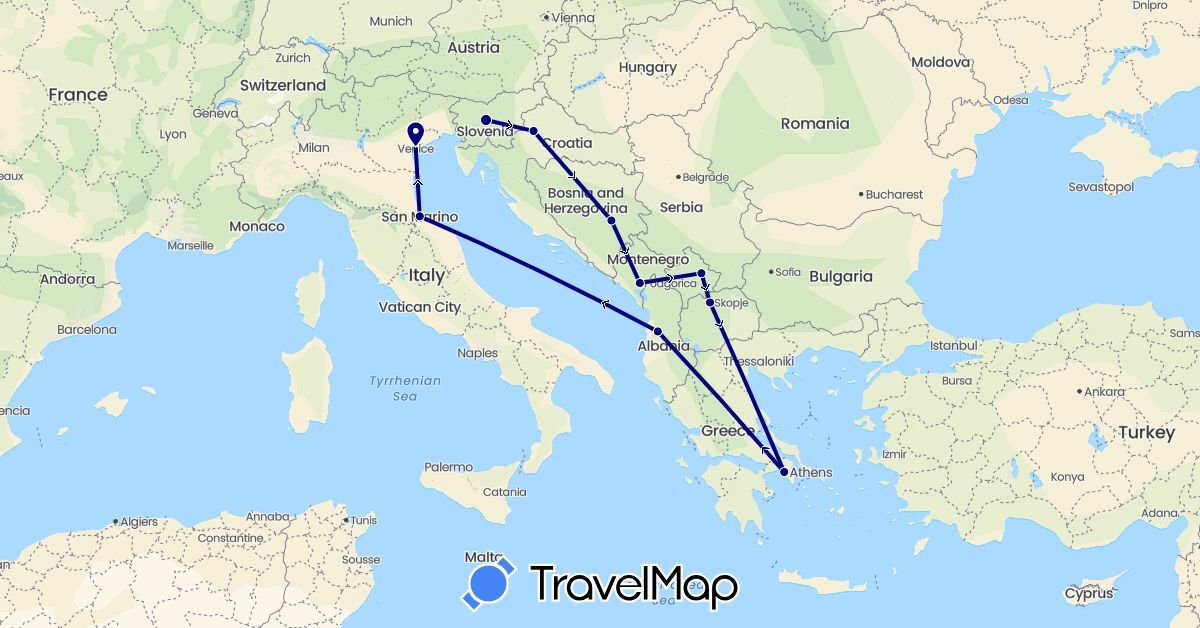 TravelMap itinerary: driving in Albania, Bosnia and Herzegovina, Greece, Croatia, Italy, Montenegro, Macedonia, Slovenia, San Marino, Kosovo (Europe)